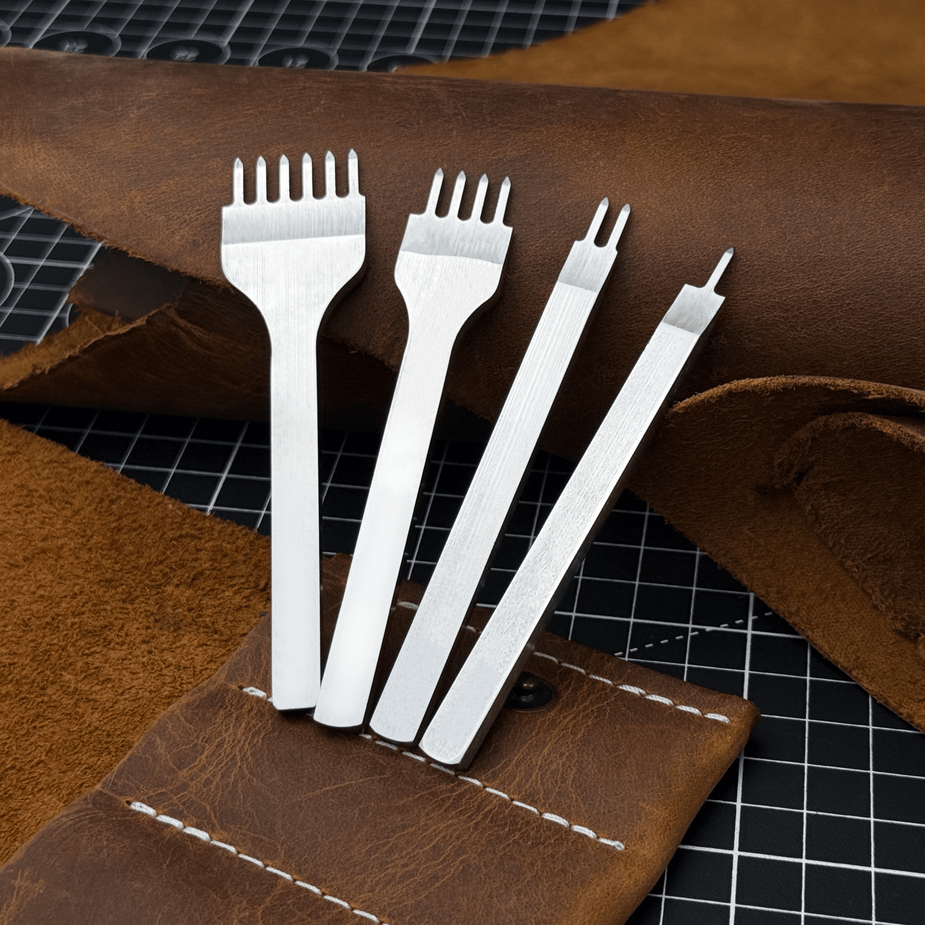 4-Piece Diamond Style Leather Pricking Iron Set, 1, 2, 4, 6 Prongs