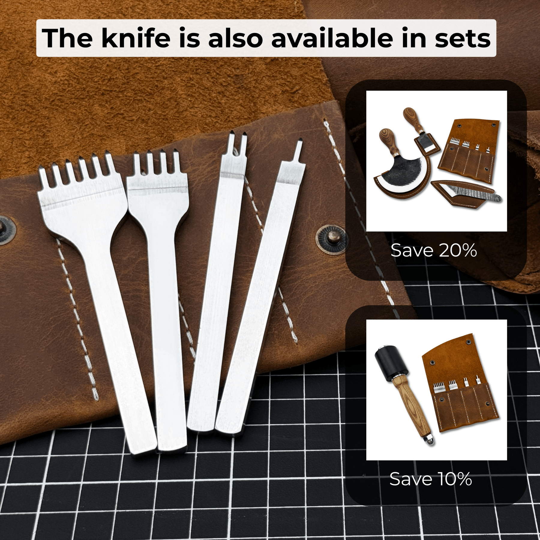 4-Piece Diamond Style Leather Pricking Iron Set, 1, 2, 4, 6 Prongs