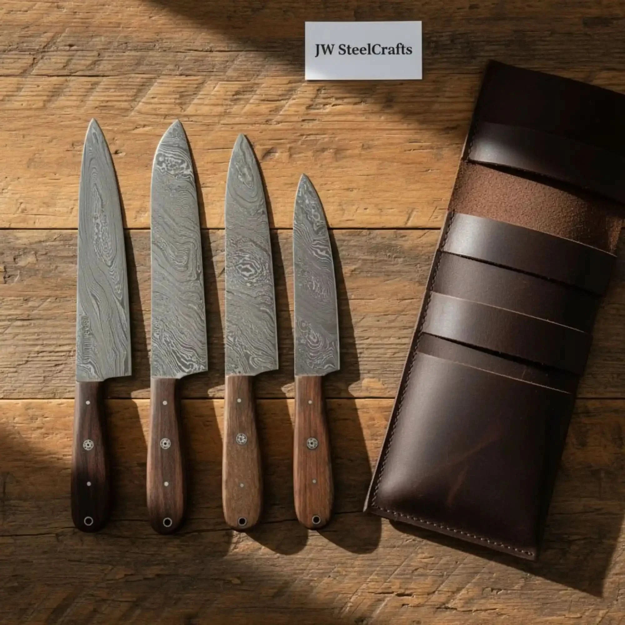Handmade Damascus Steel Knife Set with Leather Roll, Rosewood Handle Kitchen Collection by JW SteelCrafts, Damascus knife main product photo