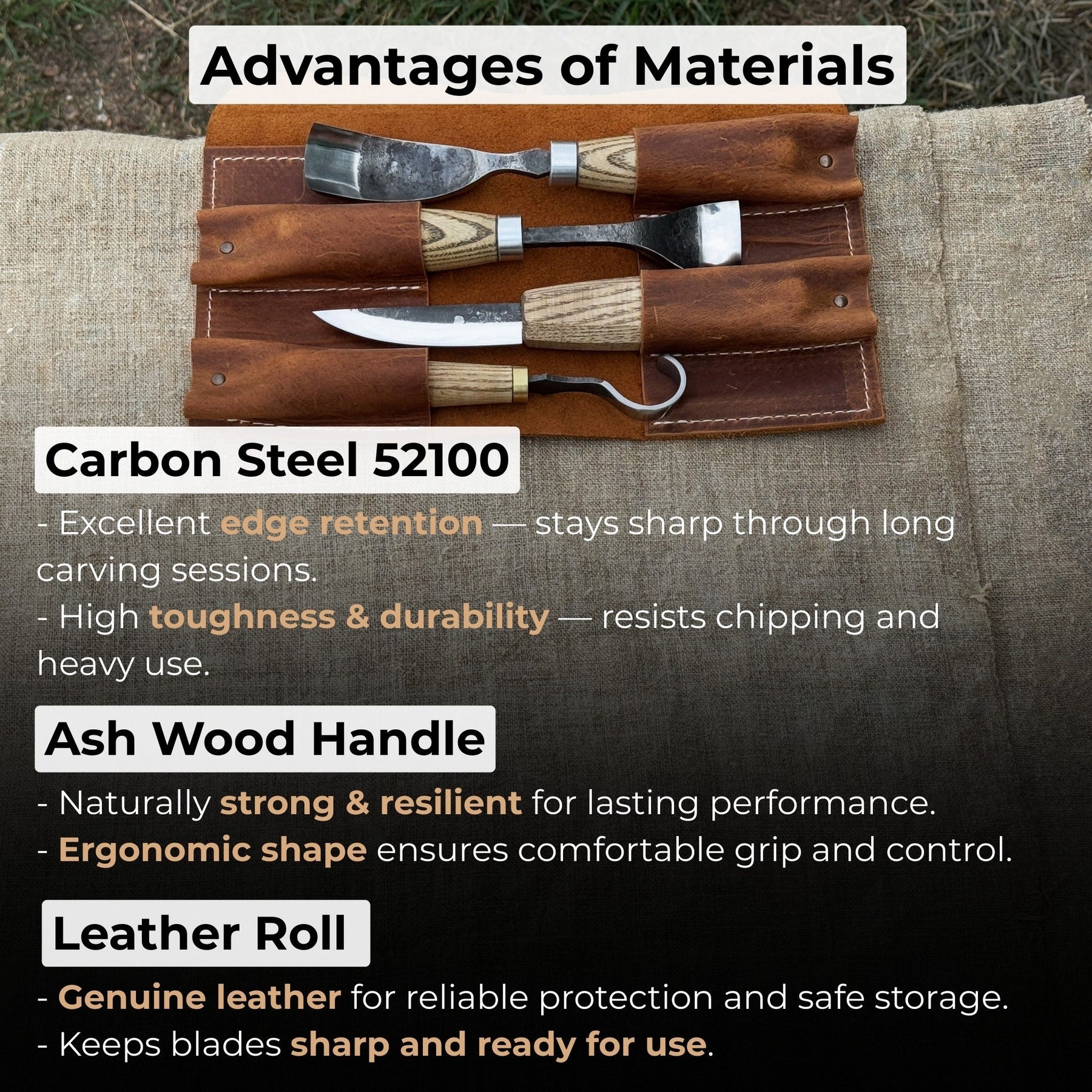 4-Piece Spoon Carving Tool Set with Leather Roll