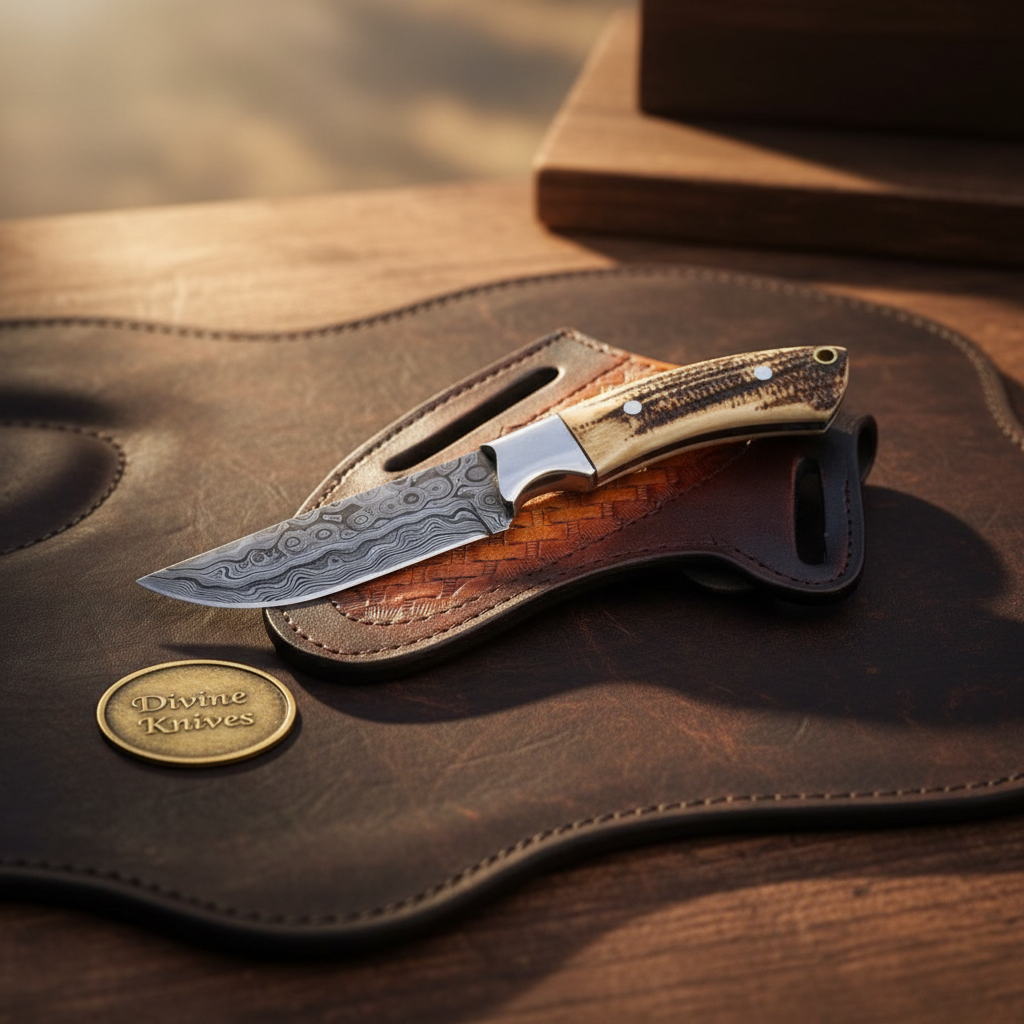Antler Drop Point Damascus Hunter Knife for daily hunting use