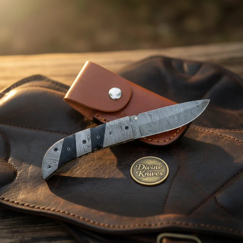 Buffalo Horn Clip Point Folding Knife with Leather Pouch