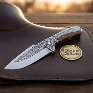 Engraved Hunting Skinner Knife with Carved by Divine Knives