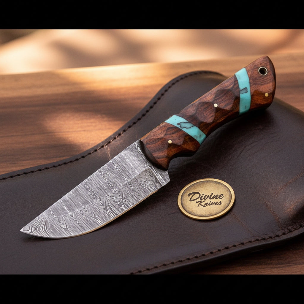 Turquoise Wood Hunting Skinner with Damascus by Divine Knives