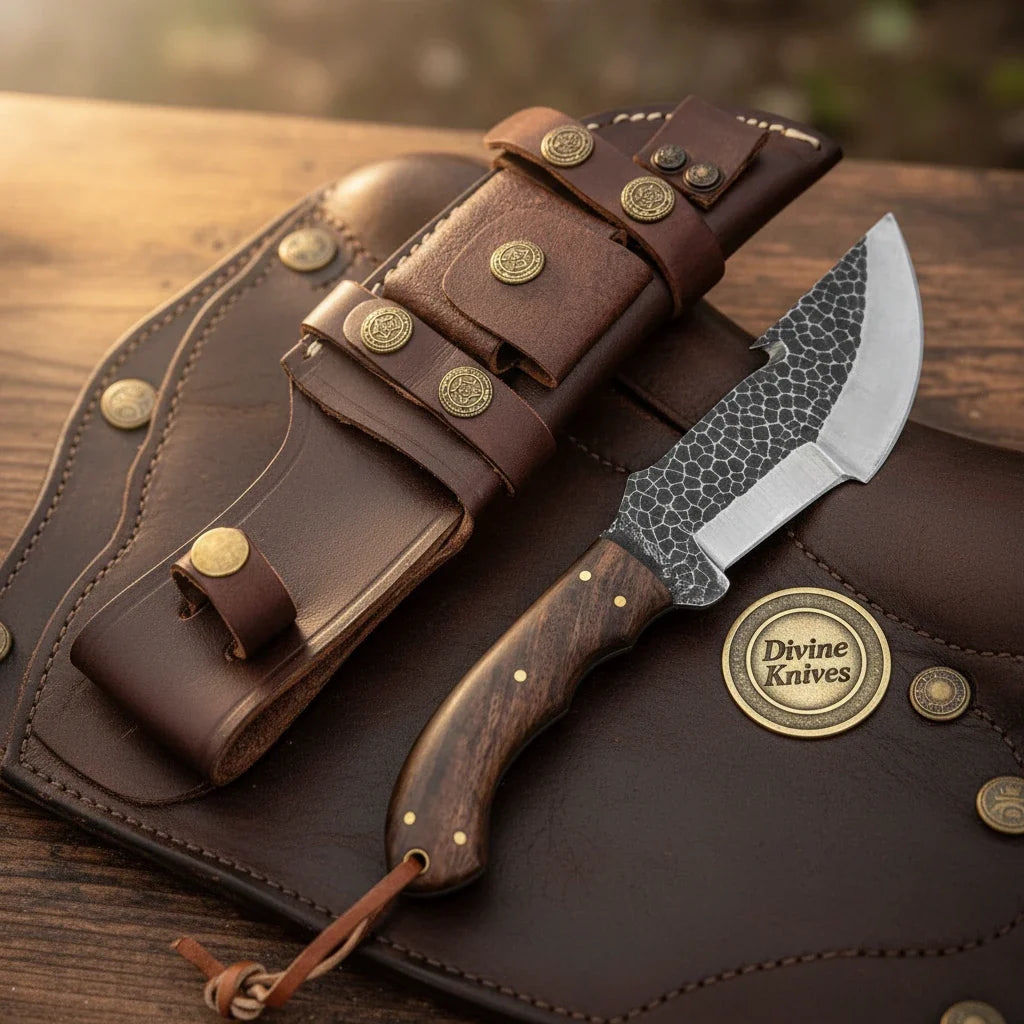 Rosewood Hammer Forged Gut Hook Tracker with Heavy Textured Blade by Divine Knives — view 1 of 2
