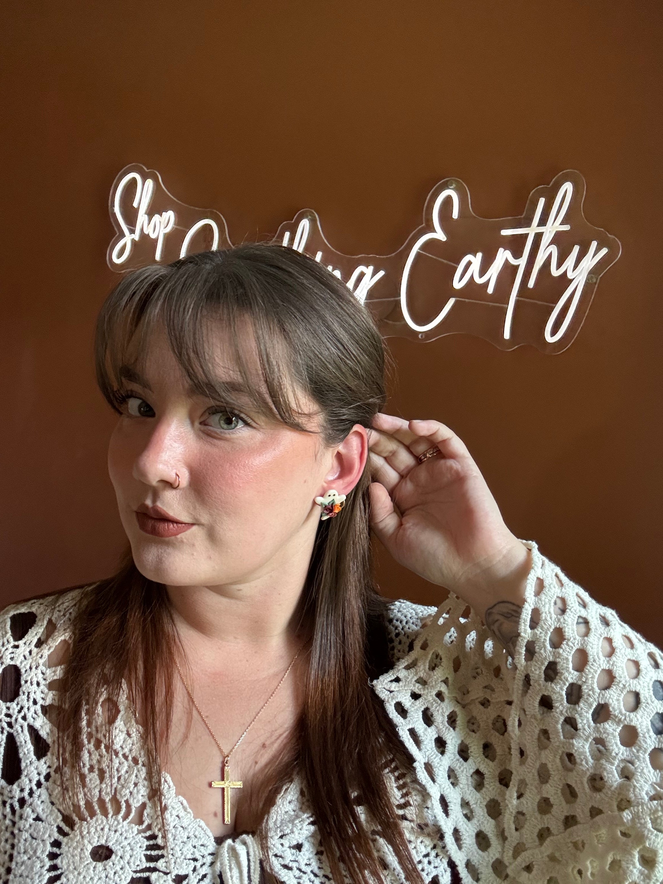 Floral Ghost Studs handmade polymer clay earrings by Shop Something Earthy — view 2 of 2