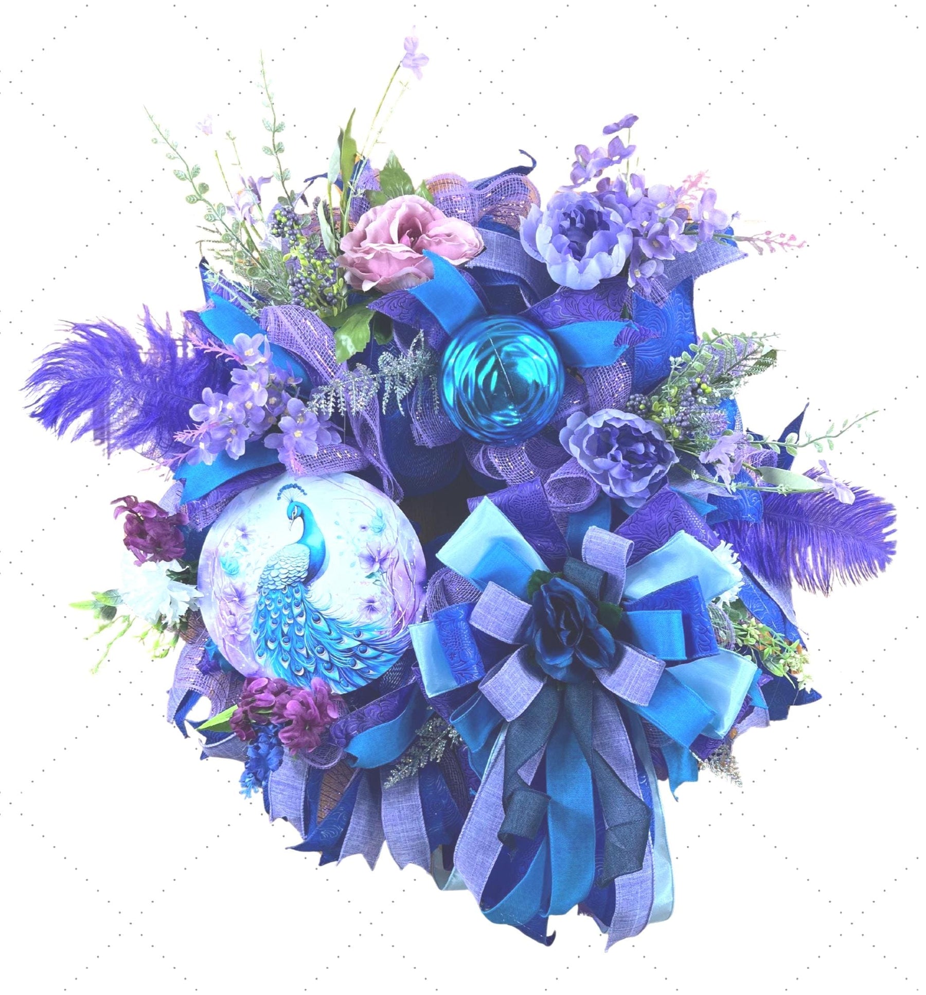 Peacock Wreath | Blue & Purple Deco Mesh Door Decor by Bouge Creations, view 2