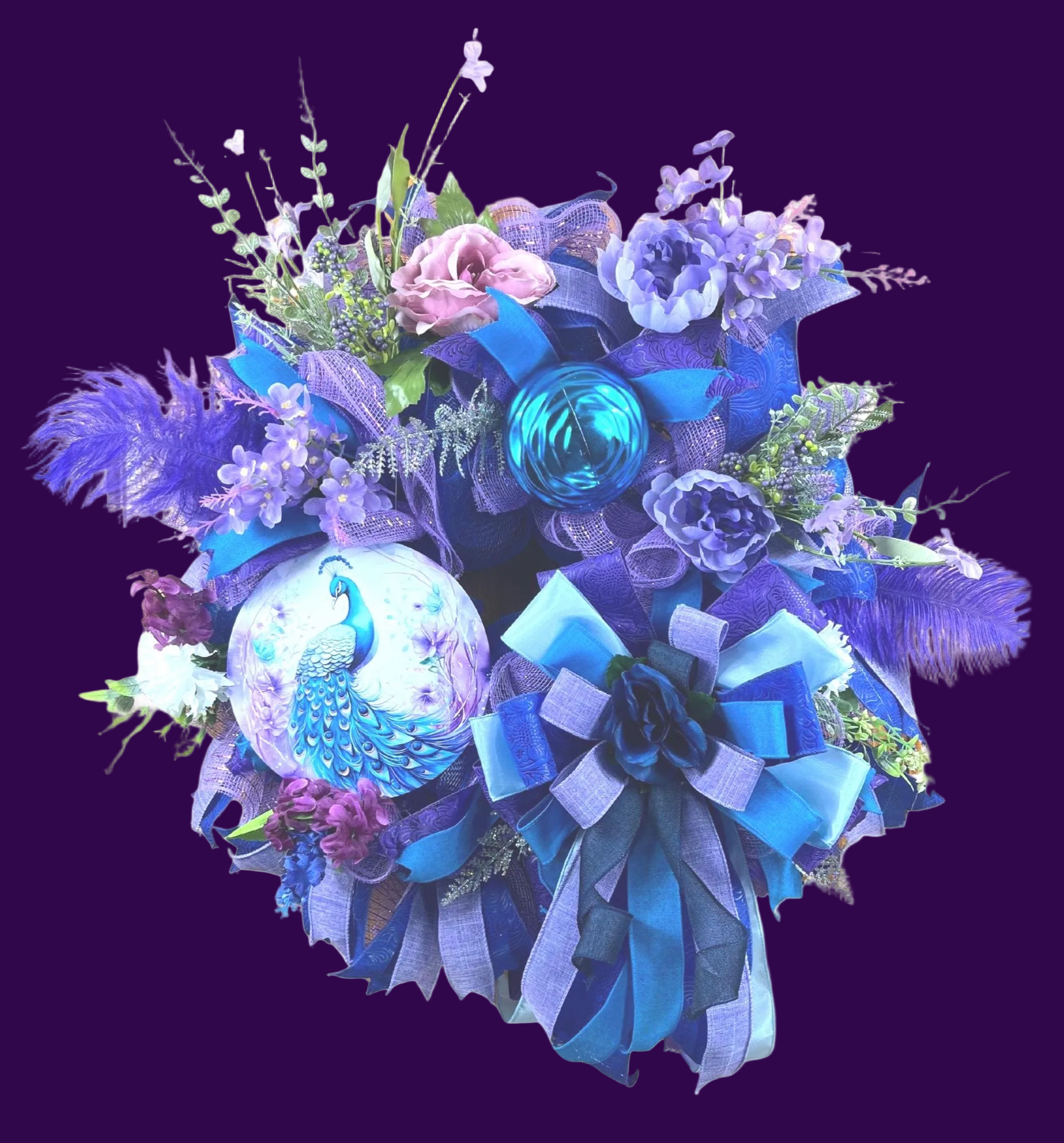 Royal Peacock Wreath | Handmade Blue & Purple Front Door Wreath | Elegant Floral Peacock Door Hanger | Luxury Everyday Home