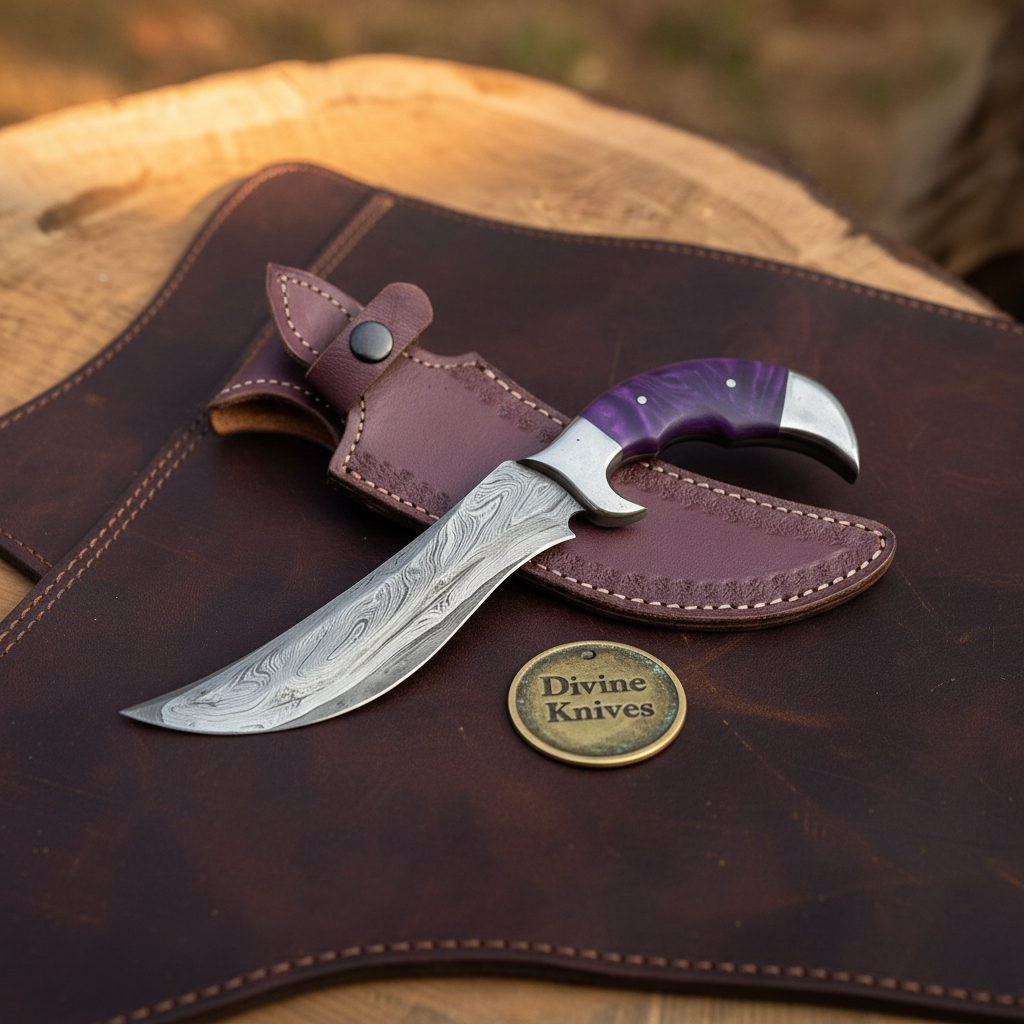 Purple Resin Handle Hunting Knife with Finger Groove Grip and Curved Forged Blade by Divine Knives — product view 2