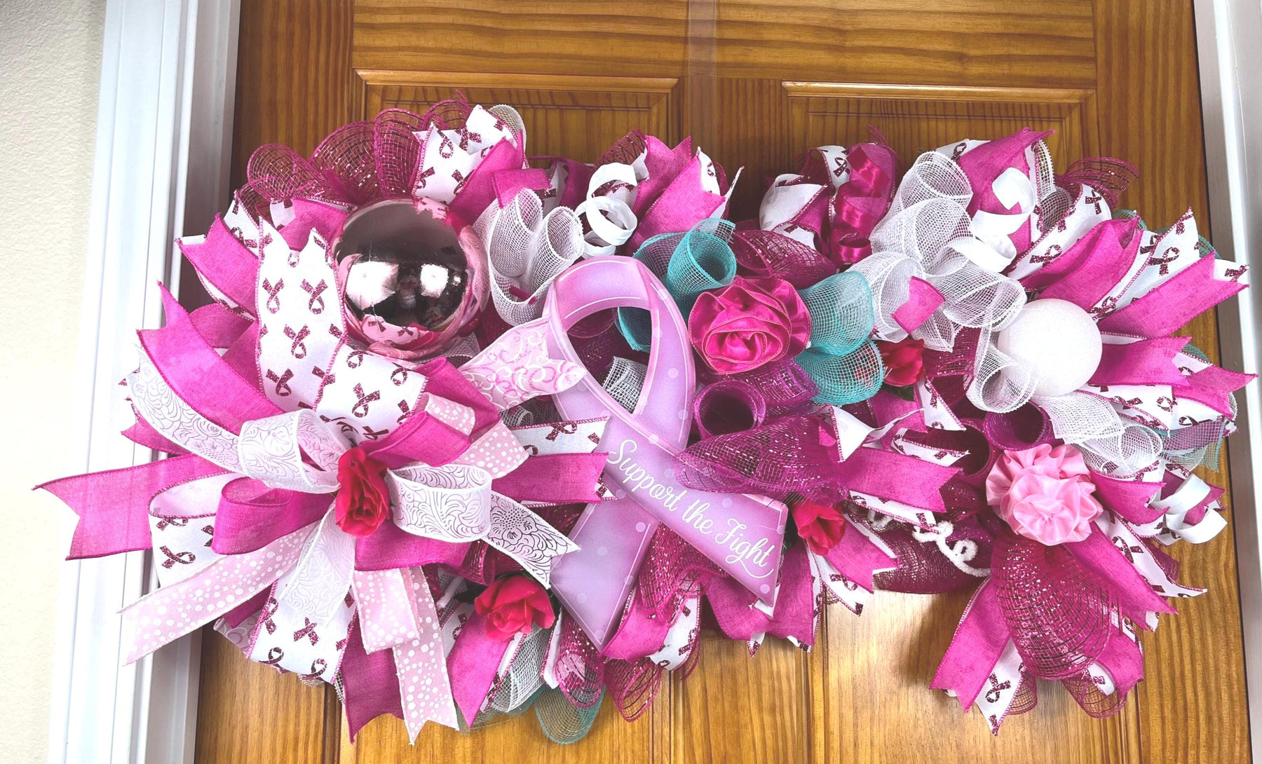 Breast Cancer Awareness Wreath | Pink Ribbon Door Decor by Bouge Creations, view 3
