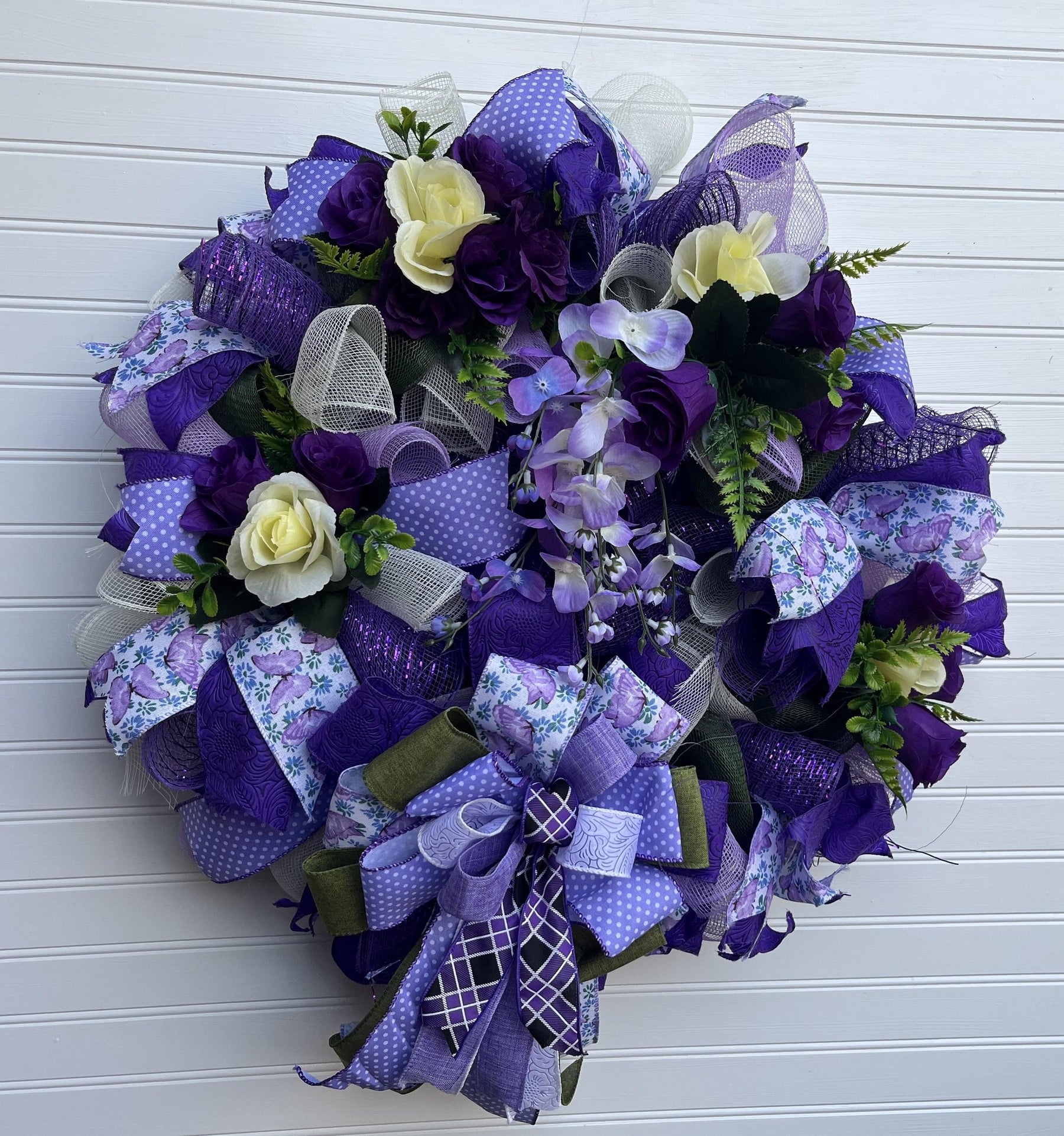 Purple Floral Wreath | Silk Flower Front Door Decor by Bouge Creations, view 2