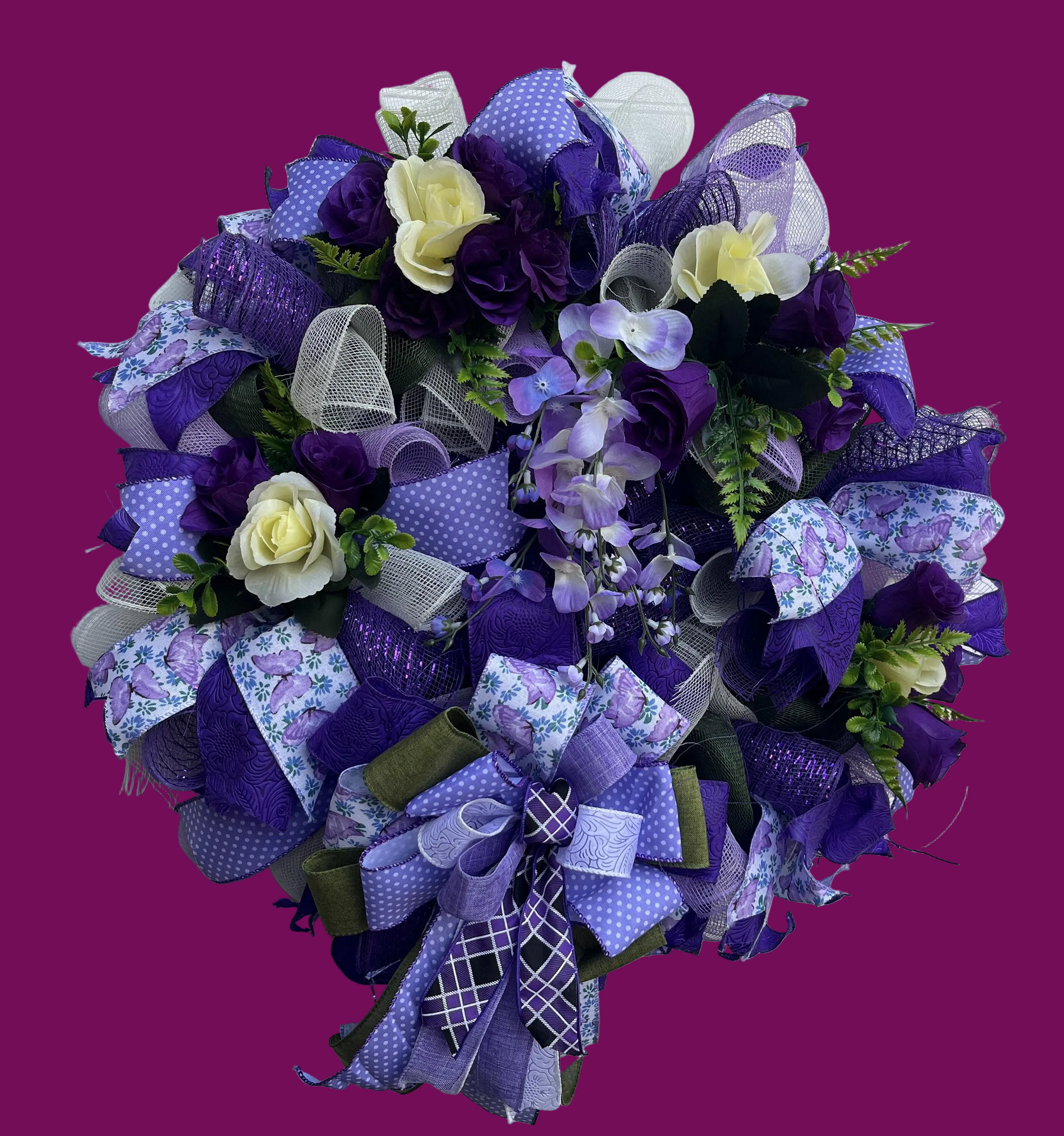 Purple Floral Wreath | Silk Flower Door Decor detail view by Bouge Creations