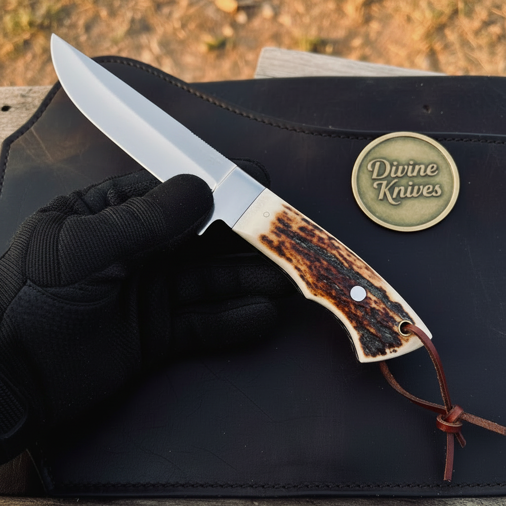 Stag Horn Drop Point Hunting Knife with product detail, view 4