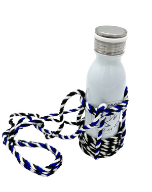Large Water Bottle Holder – Black, Blue & White handwoven rope bottle holder by Nomadic State of Mind