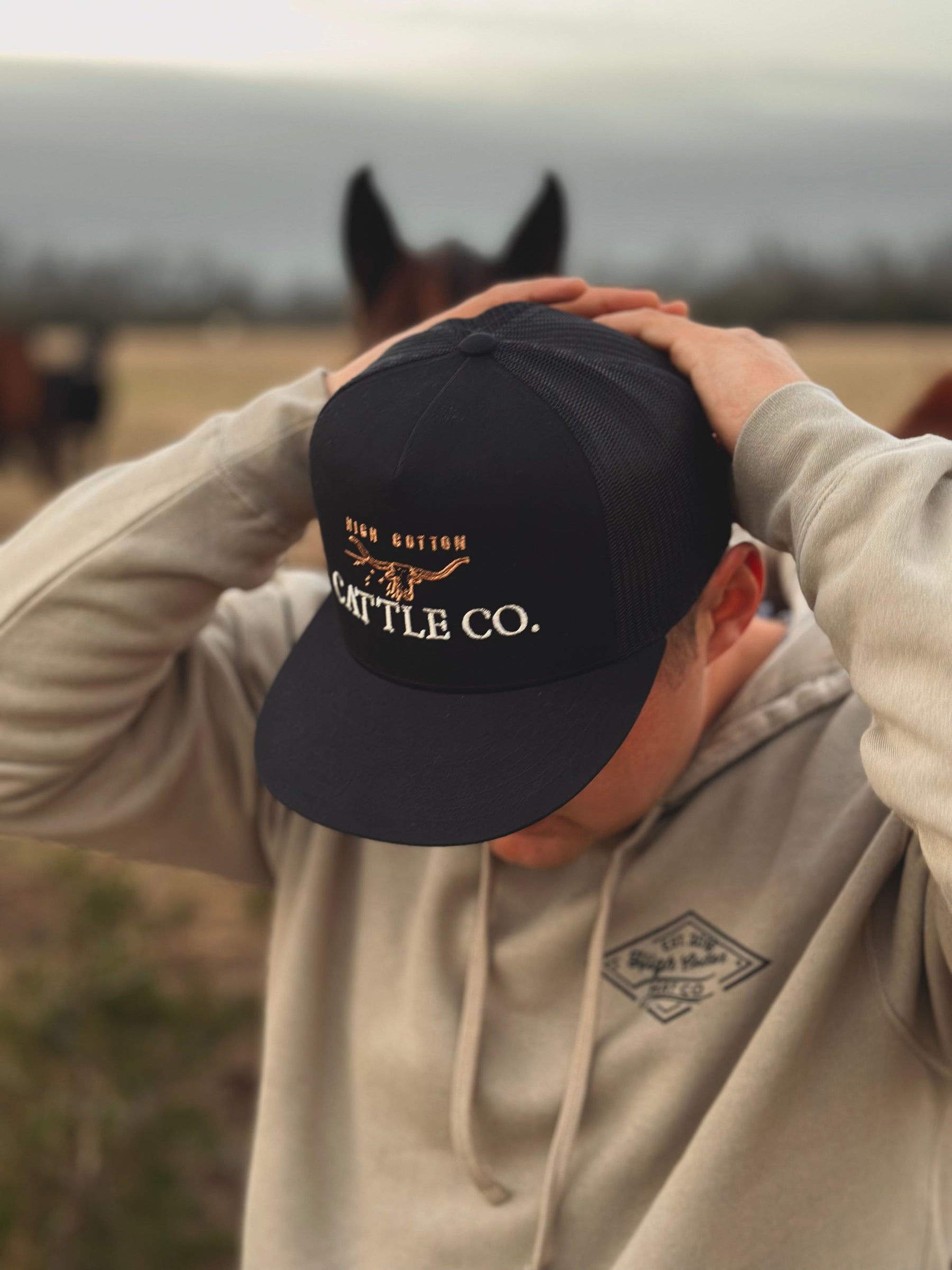 Detail view of The Cattleman Flat Bill Hat by High Cotton Hat Co