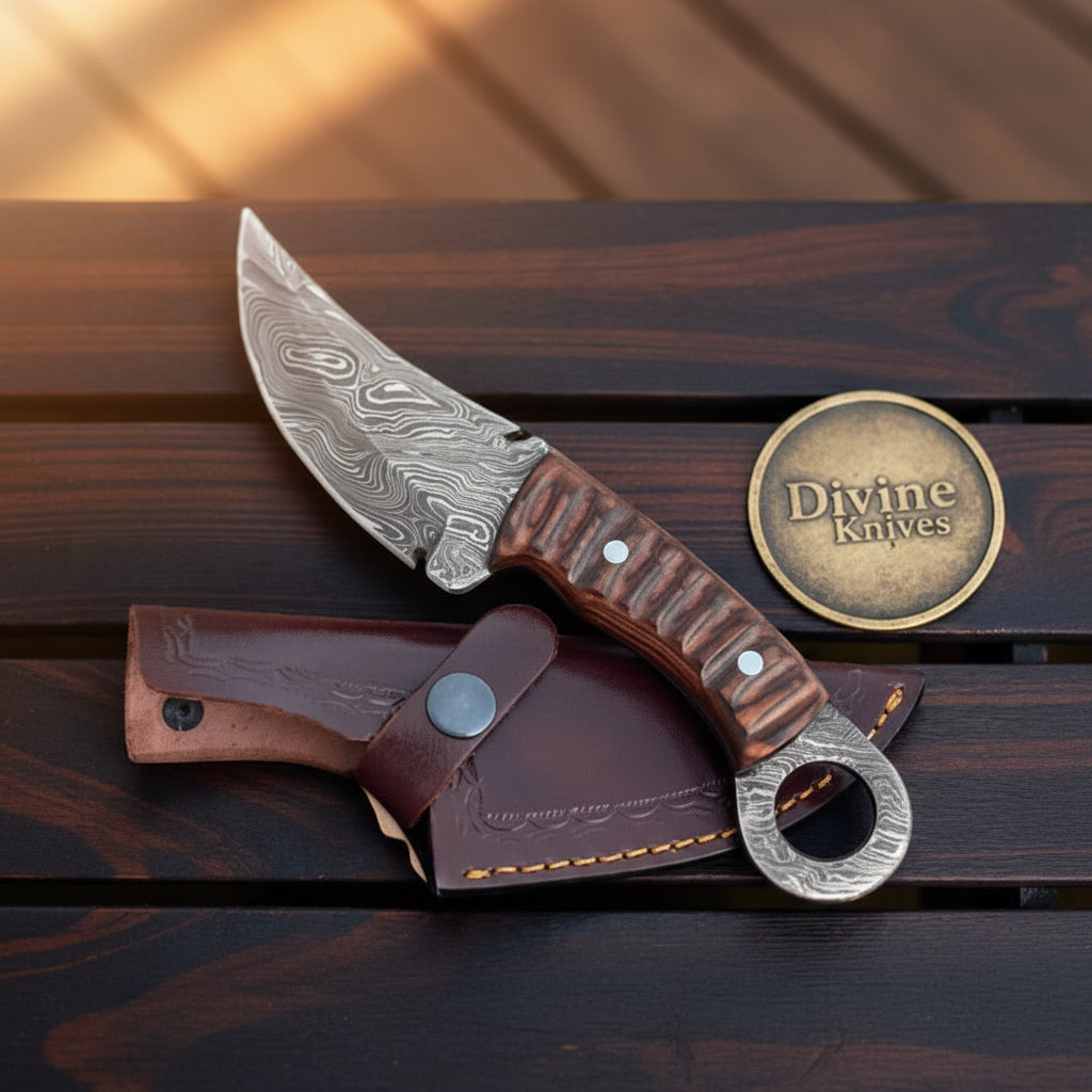Ring Drover Damascus Skinner with Burl Wood by Divine Knives