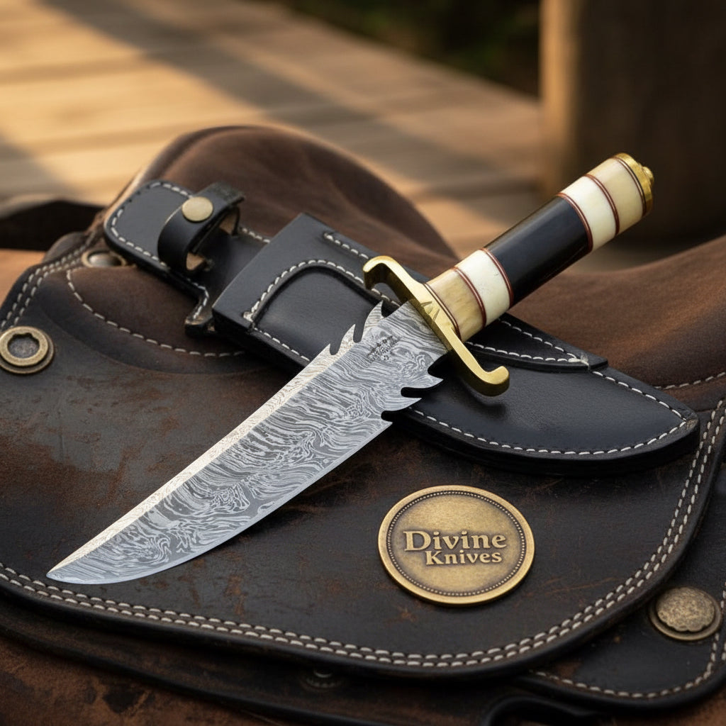 Stacked Bone Damascus Sawback Bowie with Alternating Bone Handle