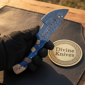 Drilled Blade Tracker Knife with Blue Resin & Olive Wood Handle