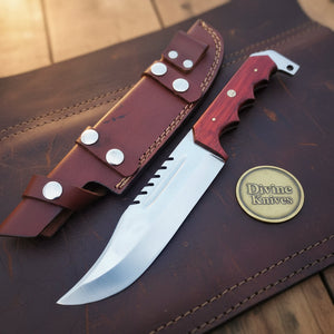 Rosewood Sawback Tracker Bowie Knife with Finger-Groove Wood Handle