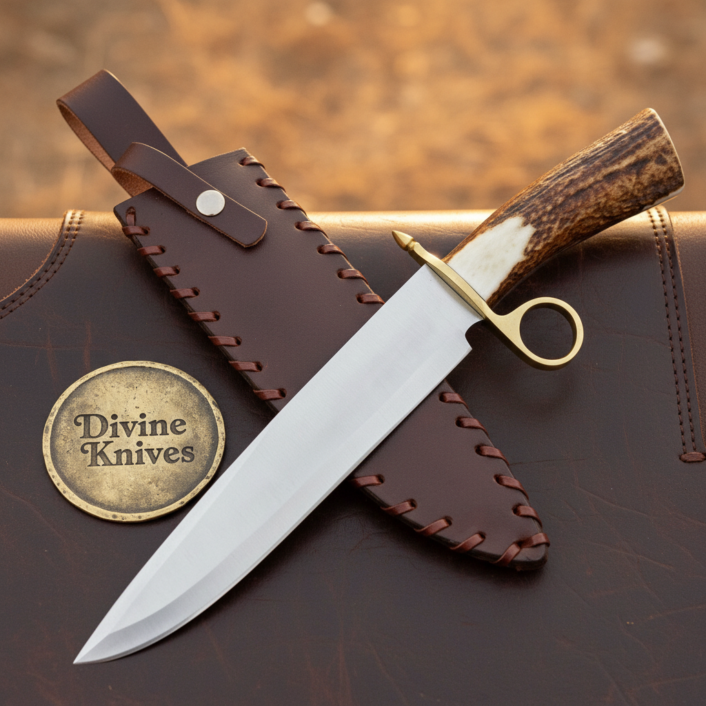 Ring Guard Stag Bowie Knife with Crown Antler Handle and Hand Laced Leather Sheath