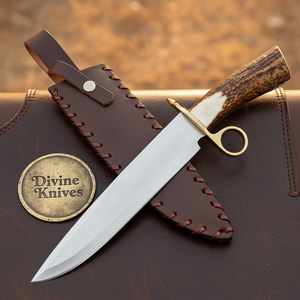Ring Guard Stag Bowie Knife with Crown Antler Handle and Hand Laced Leather Sheath