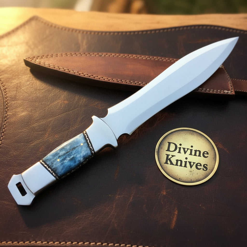 Blue Resin Greek Xiphos Dagger with Leaf-Shaped Double-Edged Blade