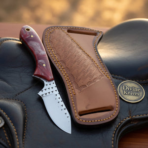 Maroon Finger Groove Rasp Skinner Knife with leather sheath