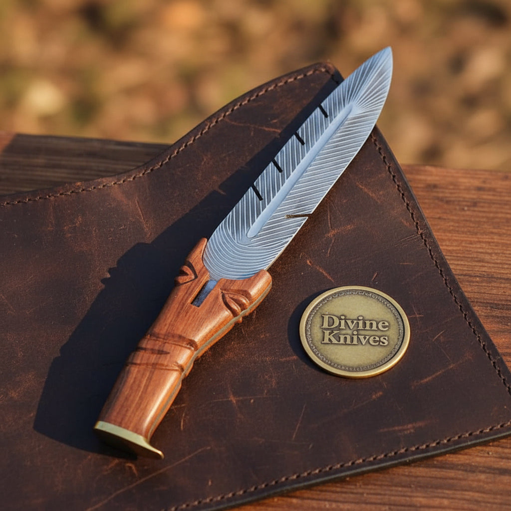 Quillspine Burl Wood Feather-Shaped Damascus Dagger with Carved Red Burl Handle