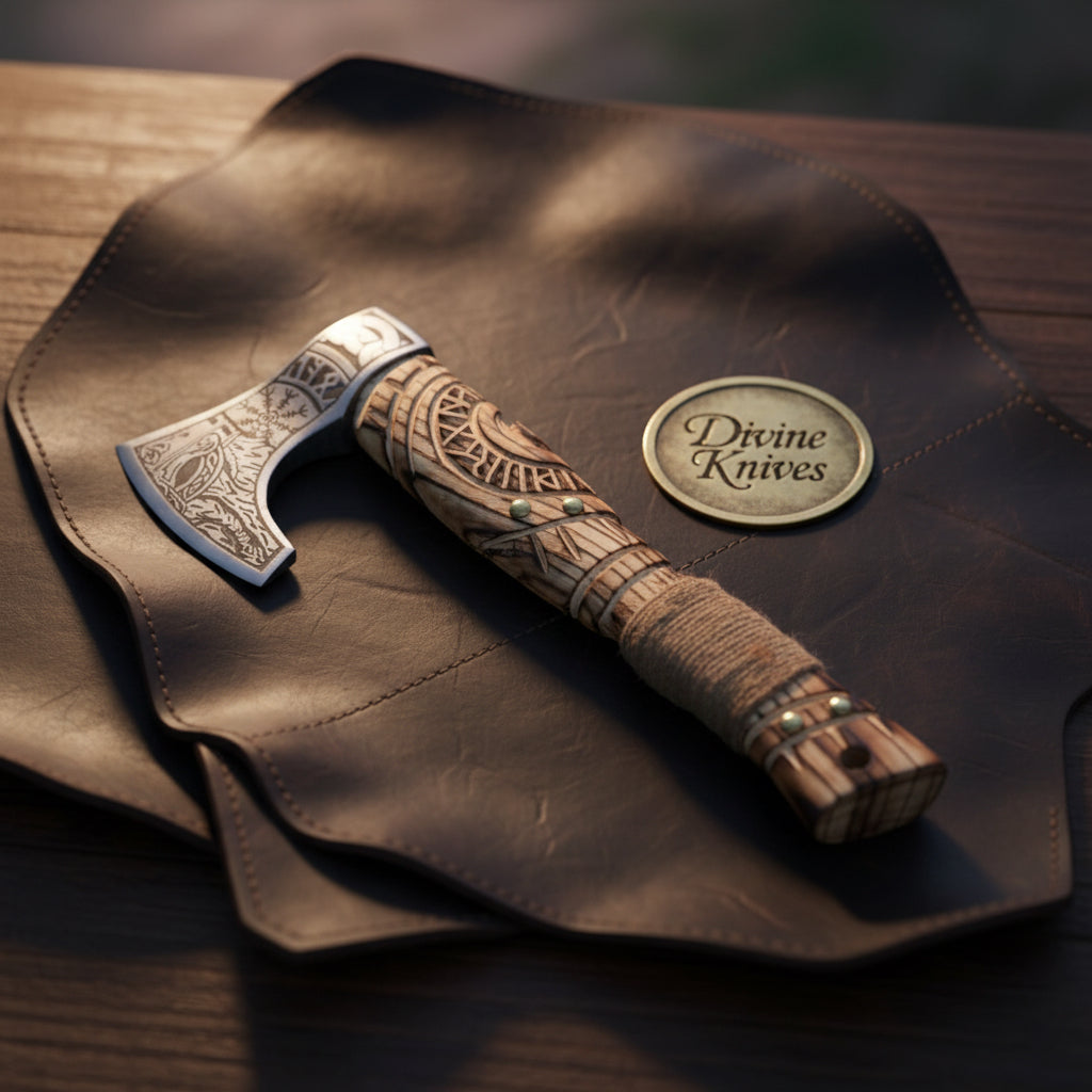 Norse Symbols Engraved Hatchet with Carved Wood Handle