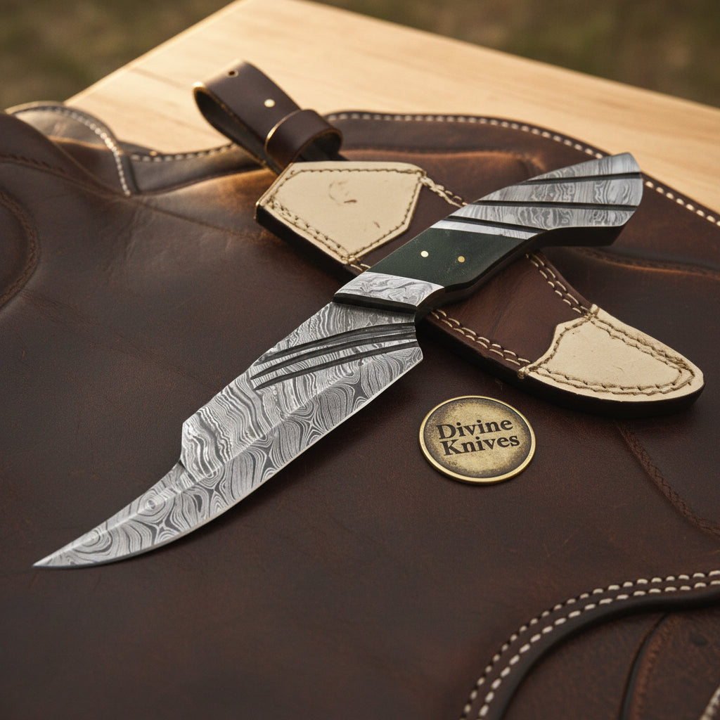 Green Micarta Handle Bowie Knife with Grooved Spine Blade and Two Tone Leather Sheath