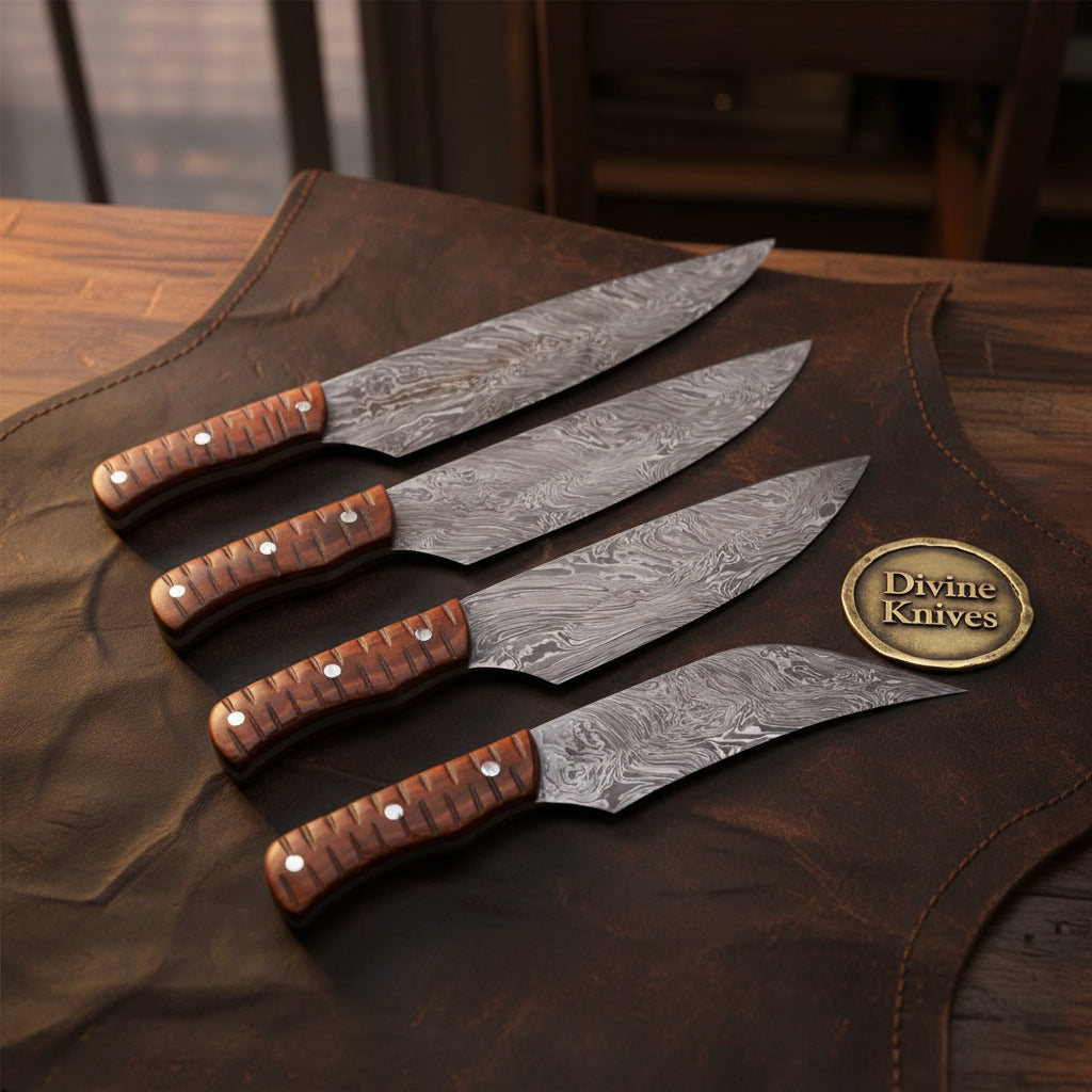 Rosewood Handle Chef Knife Set of 4 with Hand Forged Patterned Steel Blades