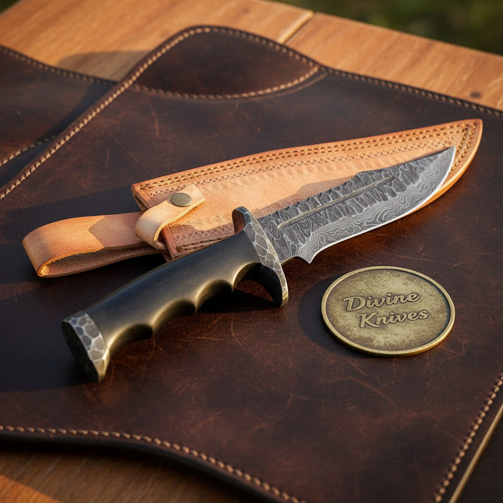 Forged Damascus Integral Bowie with Continuous Steel Frame