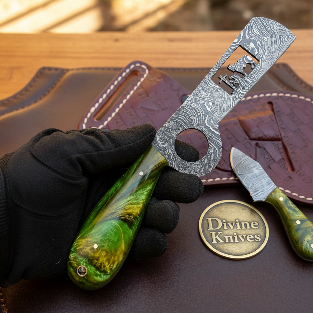 Green Praying Cowboy Bull Cutter Set blade and handle detail