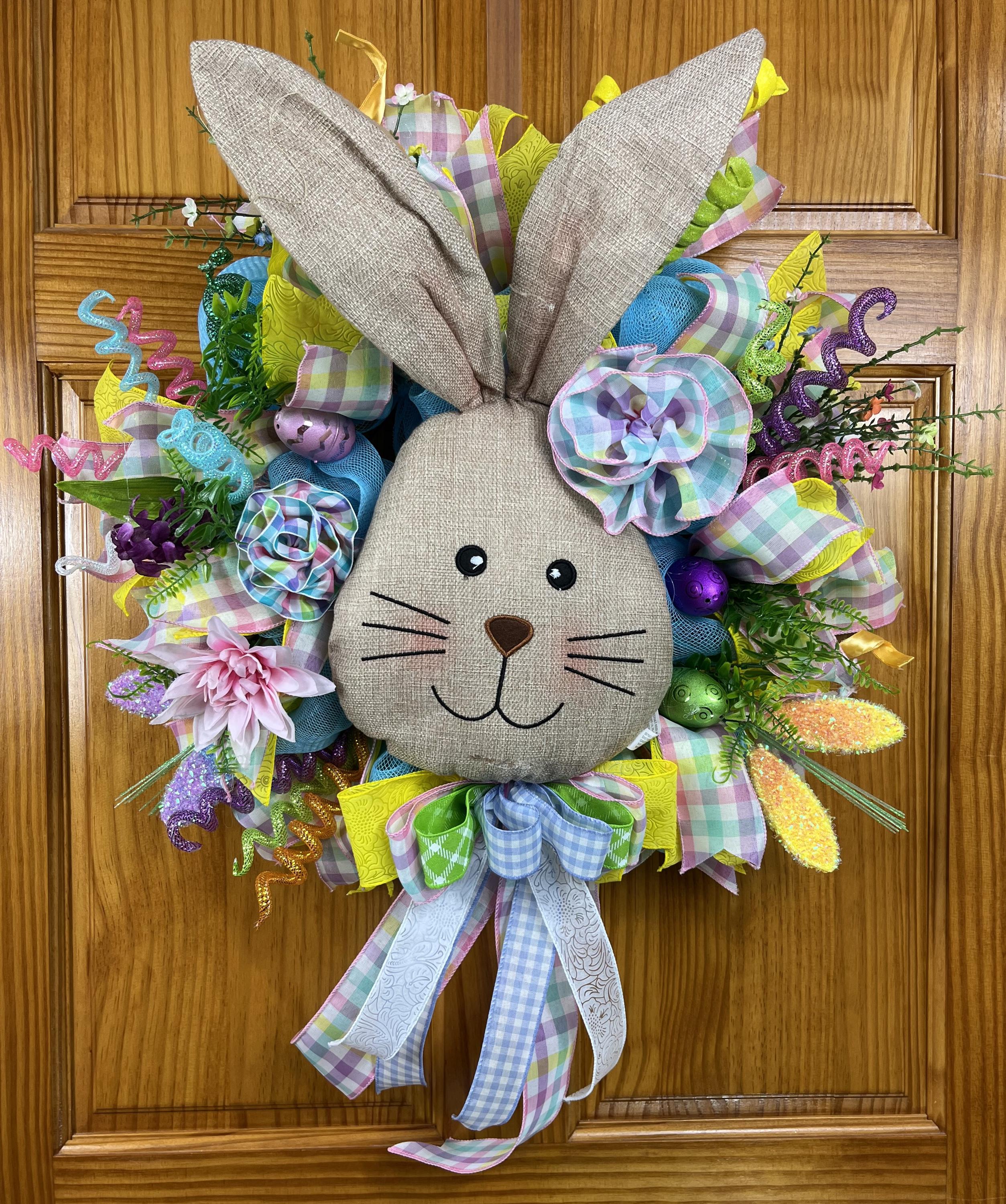 Burlap Bunny Easter Wreath | Pastel Spring Door Decor handmade by Bouge Creations