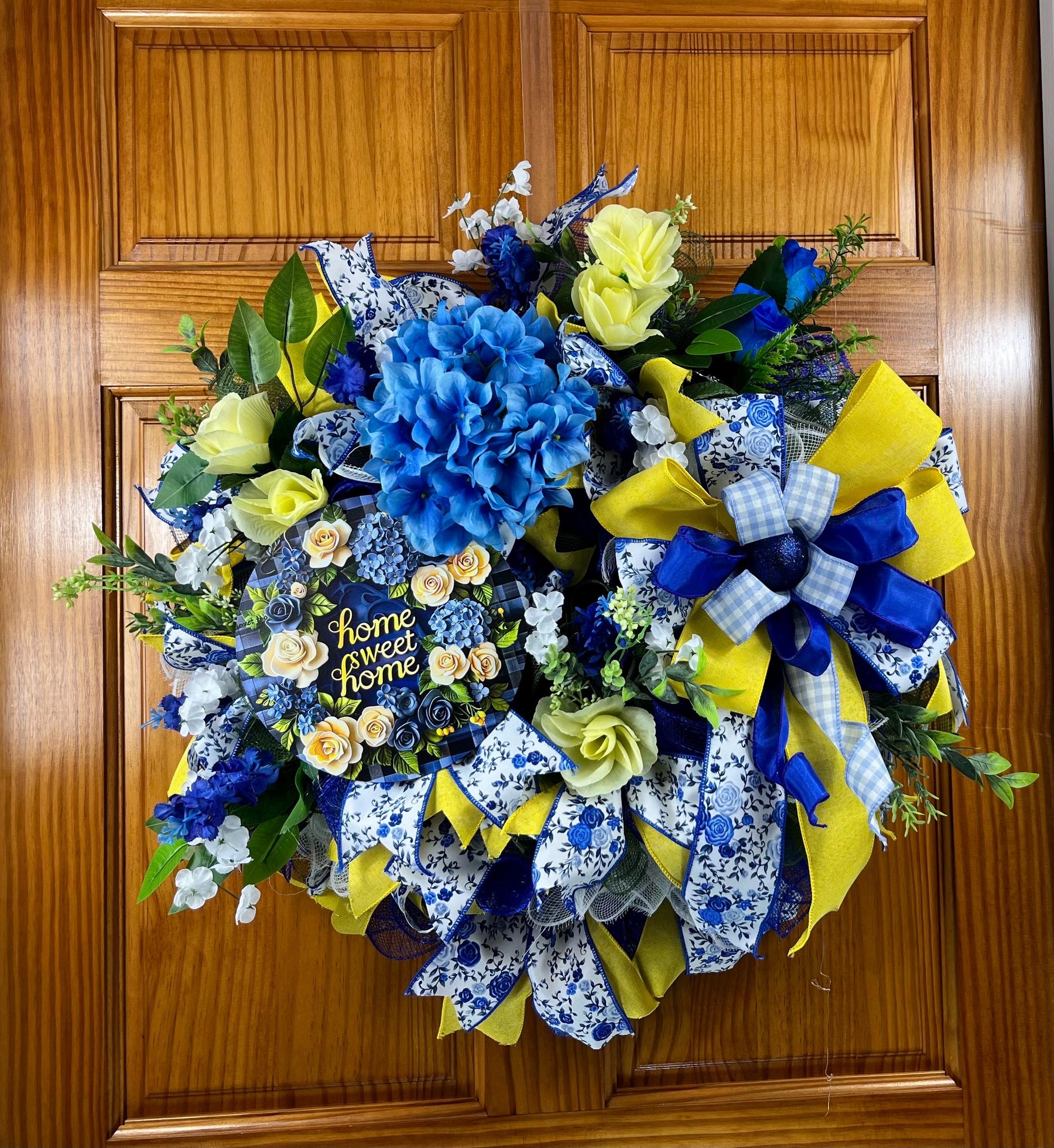 Blue & Yellow Welcome Wreath | Gingham Front Door Decor by Bouge Creations, view 7
