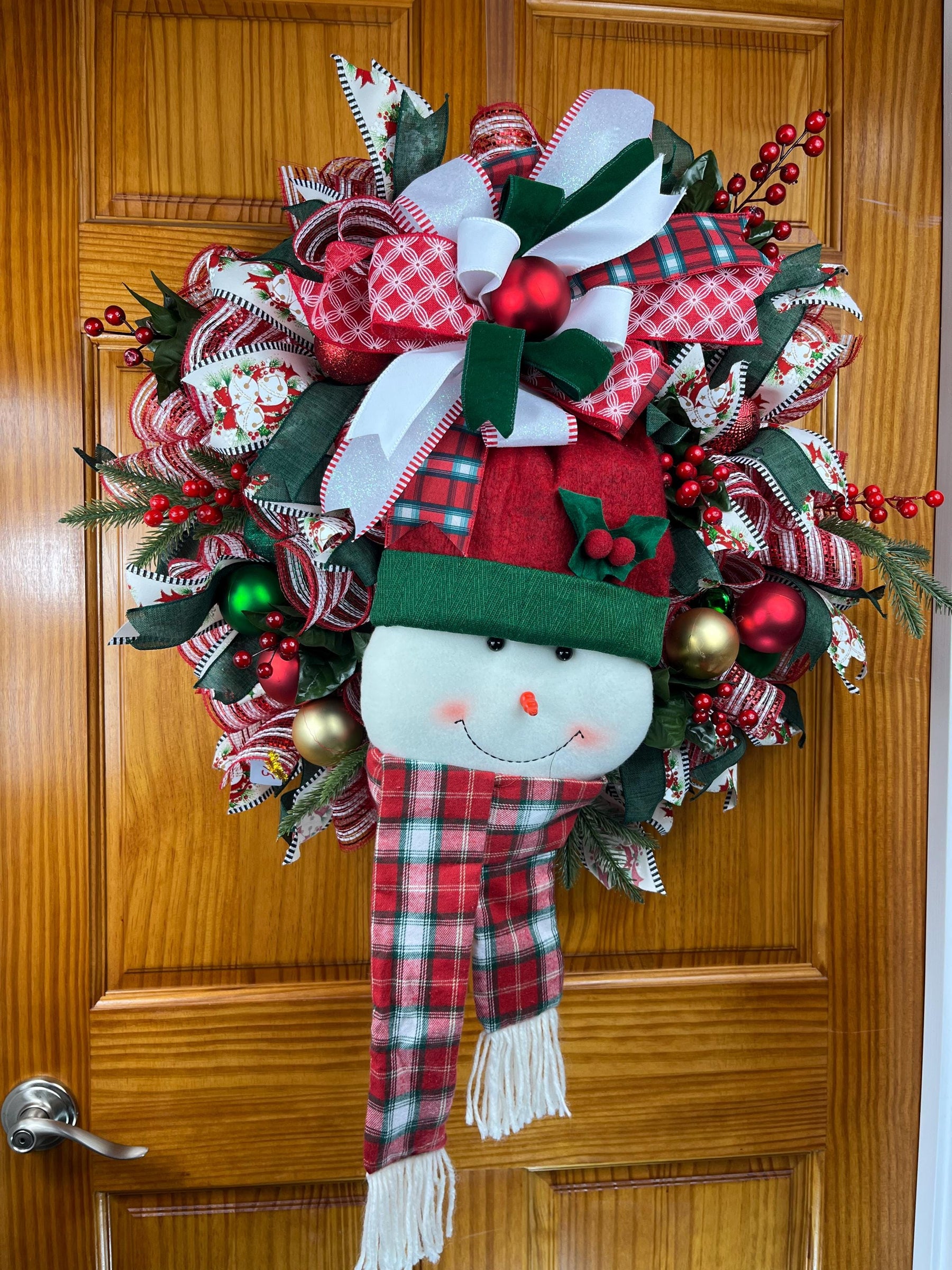 Snowman Christmas Wreath | Plaid Hat & Festive Ribbons by Bouge Creations, view 2