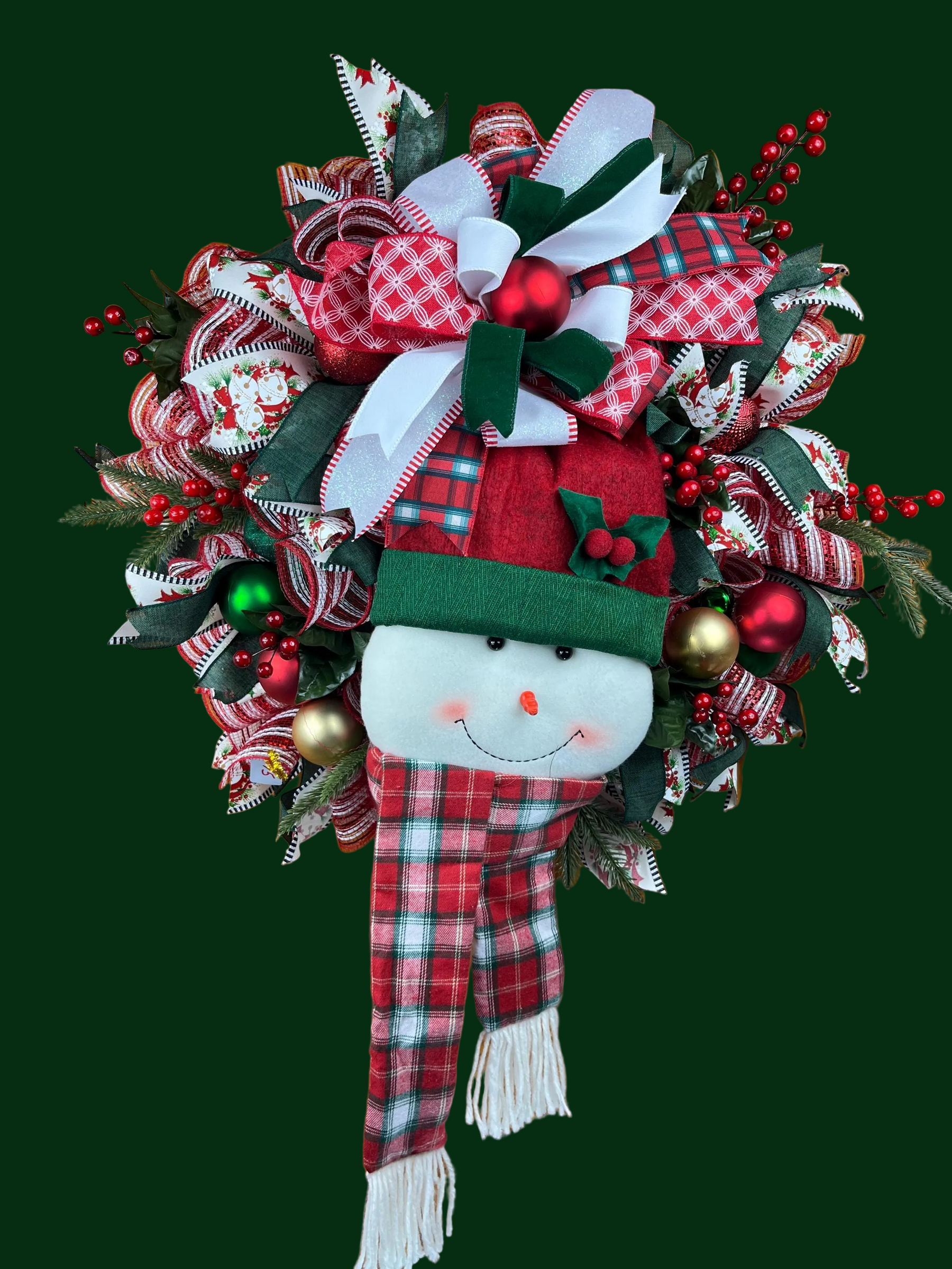 Snowman Christmas Wreath | Handmade Holiday Front Door Wreath | Traditional Red & Green Winter Door Hanger | Farmhouse
