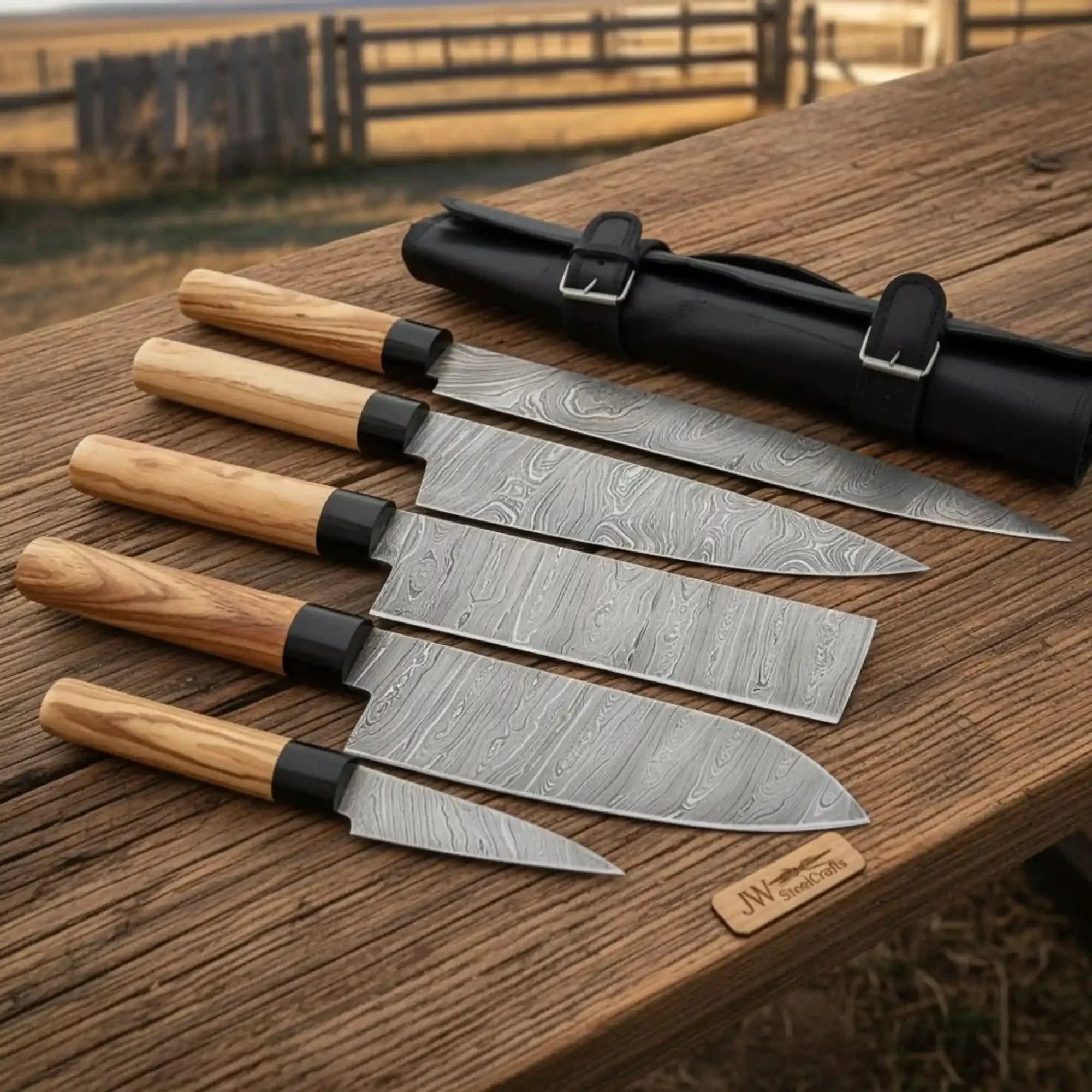 Handmade Damascus Steel Kitchen Knife Set, 5 Piece Chef Knife Set with Olive Wood Handles and Leather Roll, Professional Cooking Knife Set JW SteelCra by JW SteelCrafts, Damascus