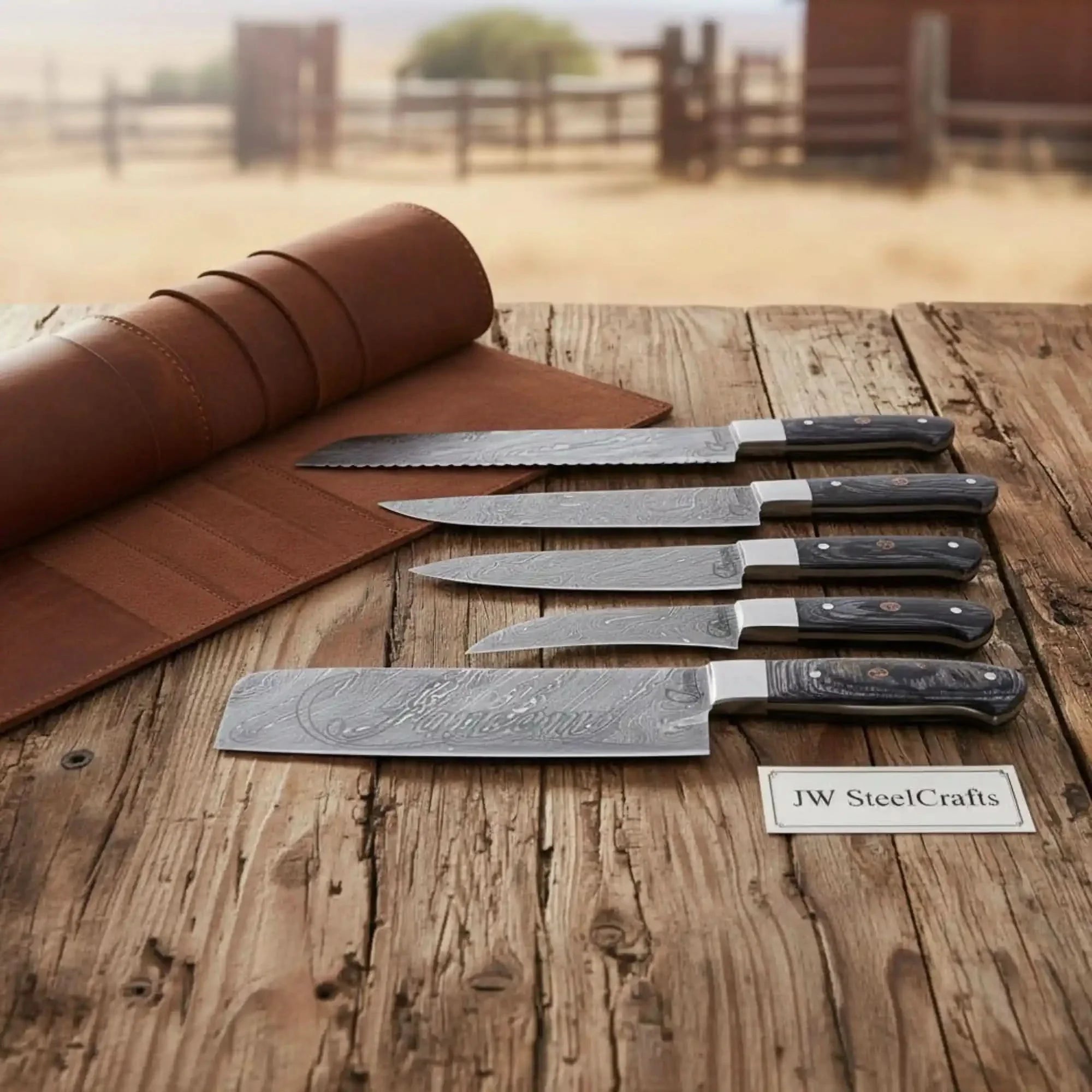 5-Piece Damascus Knife Set with Leather Roll and Black Resin Handles by JW SteelCrafts, Damascus knife main product photo