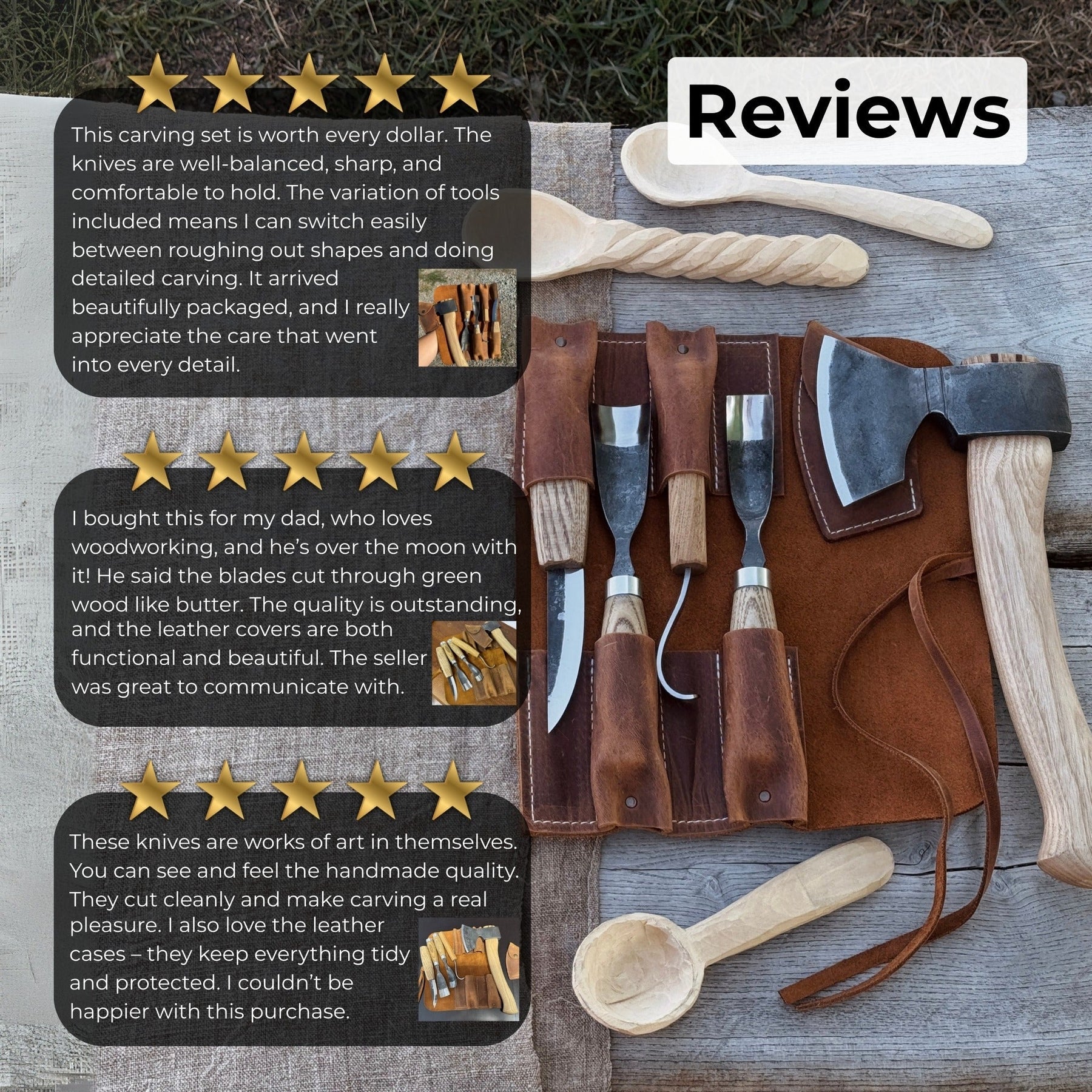 5-Piece Hand-Forged Carving Tool Set with Leather Tool Roll