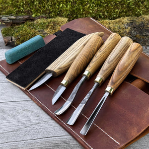 5-Piece Wood Carving Tool Set with Sharpening Board & Leather Case