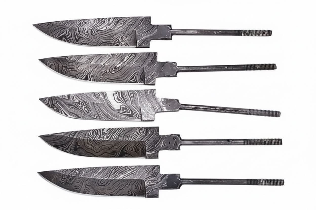 5-Piece Hand Forged Damascus Hunting Knife Blanks Set by JW SteelCrafts, Damascus knife detail photo 2