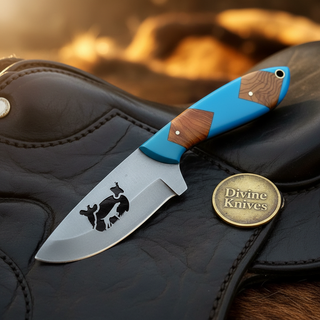 Cattle Engraved Drop Point Knife with Blue by Divine Knives