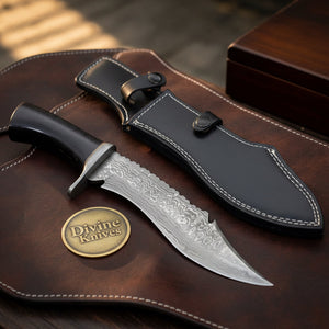 Blackwave Black Micarta Damascus Recurve Survival Bowie with Weatherproof Handle