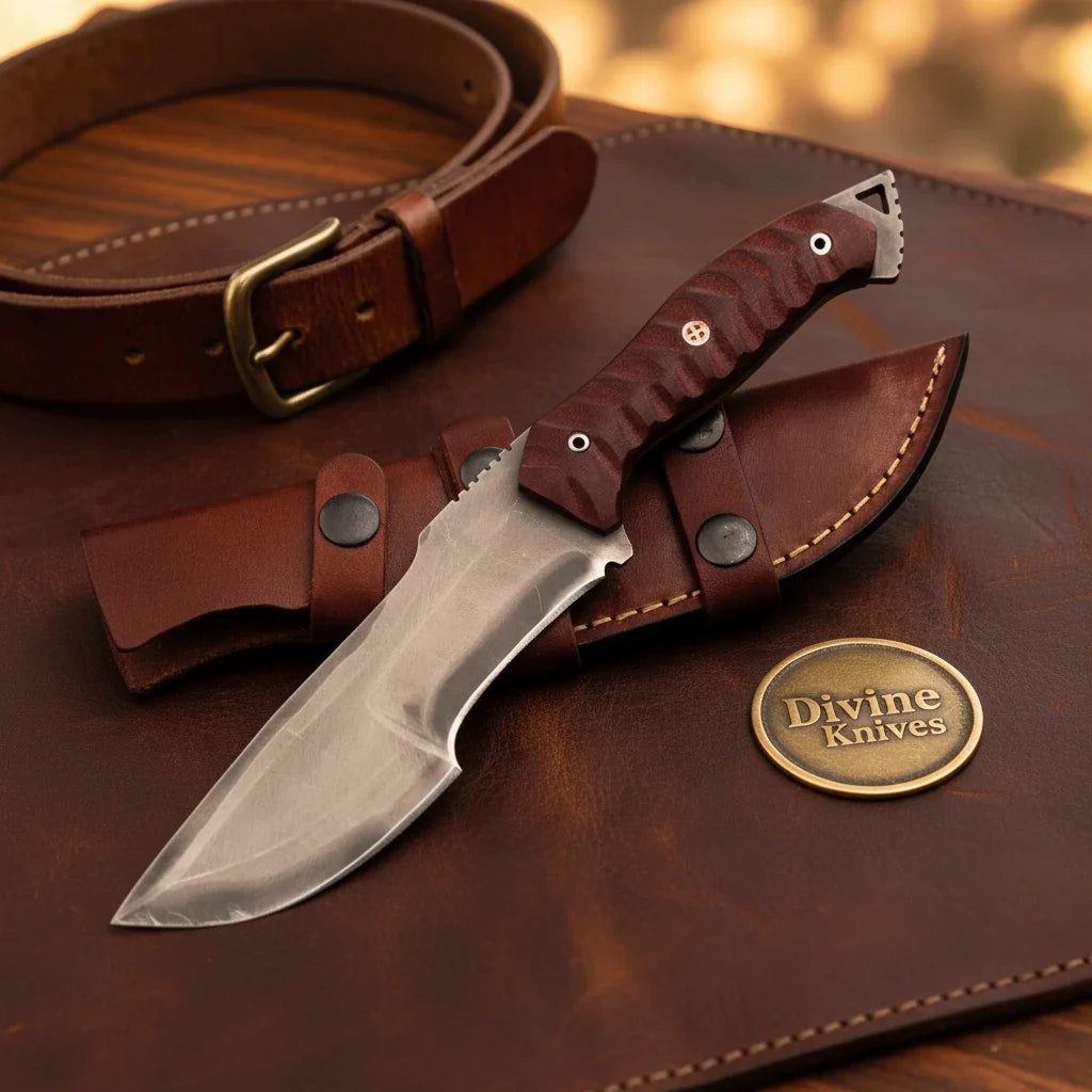 Maroon Micarta Carbon Steel Tracker Knife with Textured Grip by Divine Knives — view 1 of 2