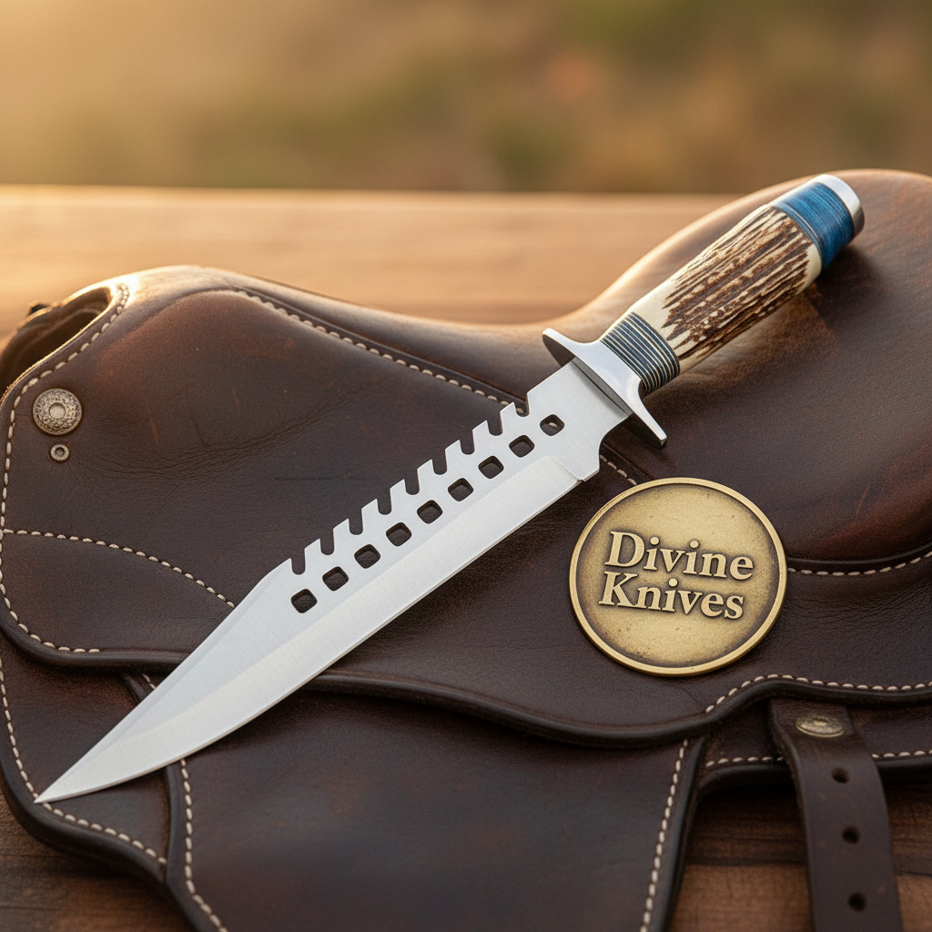 Sawback Survival Knife with Stag Antler Handle and Mirror Polished Spear Point Blade by Divine Knives — product view 1