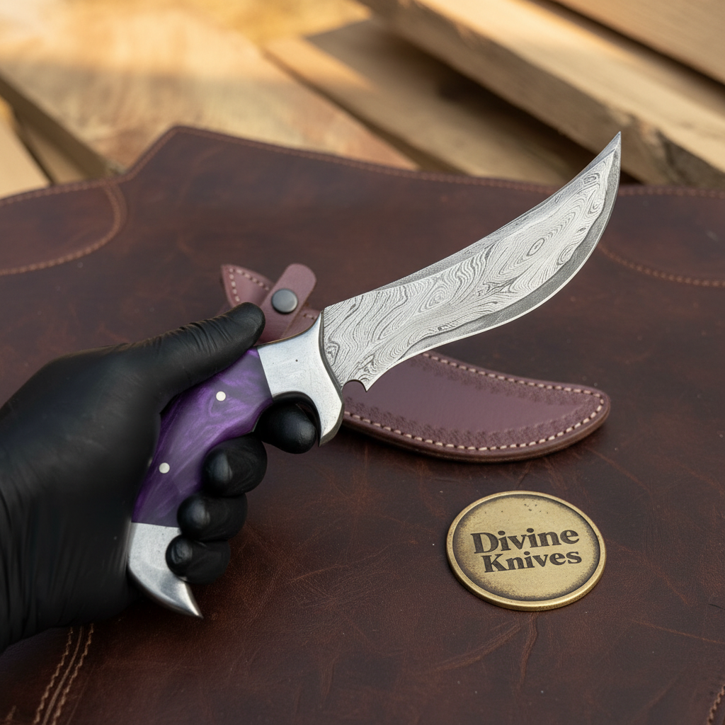 Purple Resin Handle Hunting Knife with Finger Groove Grip and Curved Forged Blade by Divine Knives — product view 1