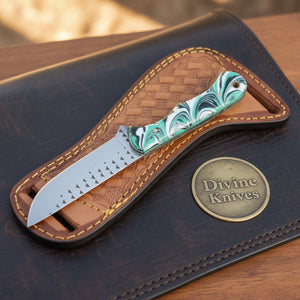 Green Swirl Resin Rasp Cowboy Knife with product detail, view 5