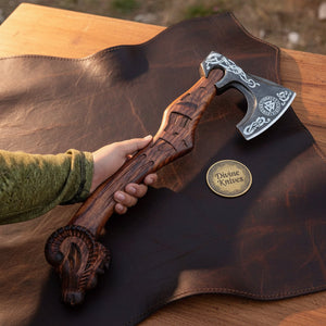 Thor Goat Viking Axe with Carved Goat Pommel Handle