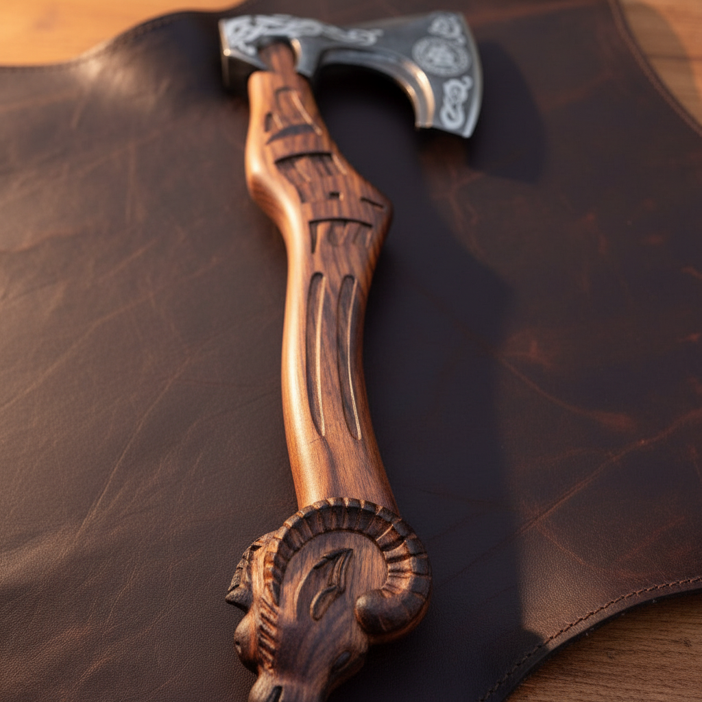 Thor Goat Viking Axe with Carved Goat Pommel Handle